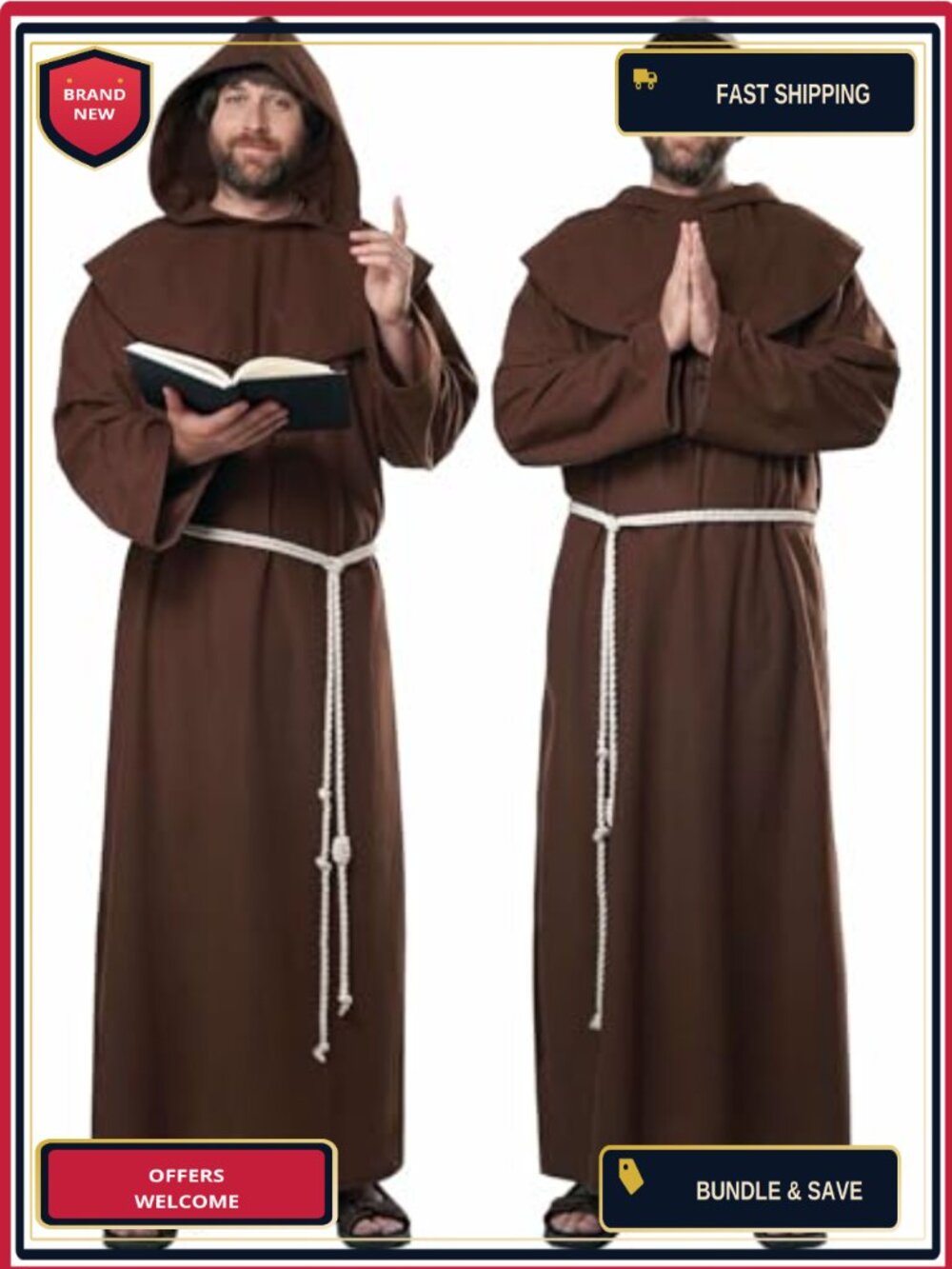 Men's Renaissance Friar Costume Robe Hooded Halloween